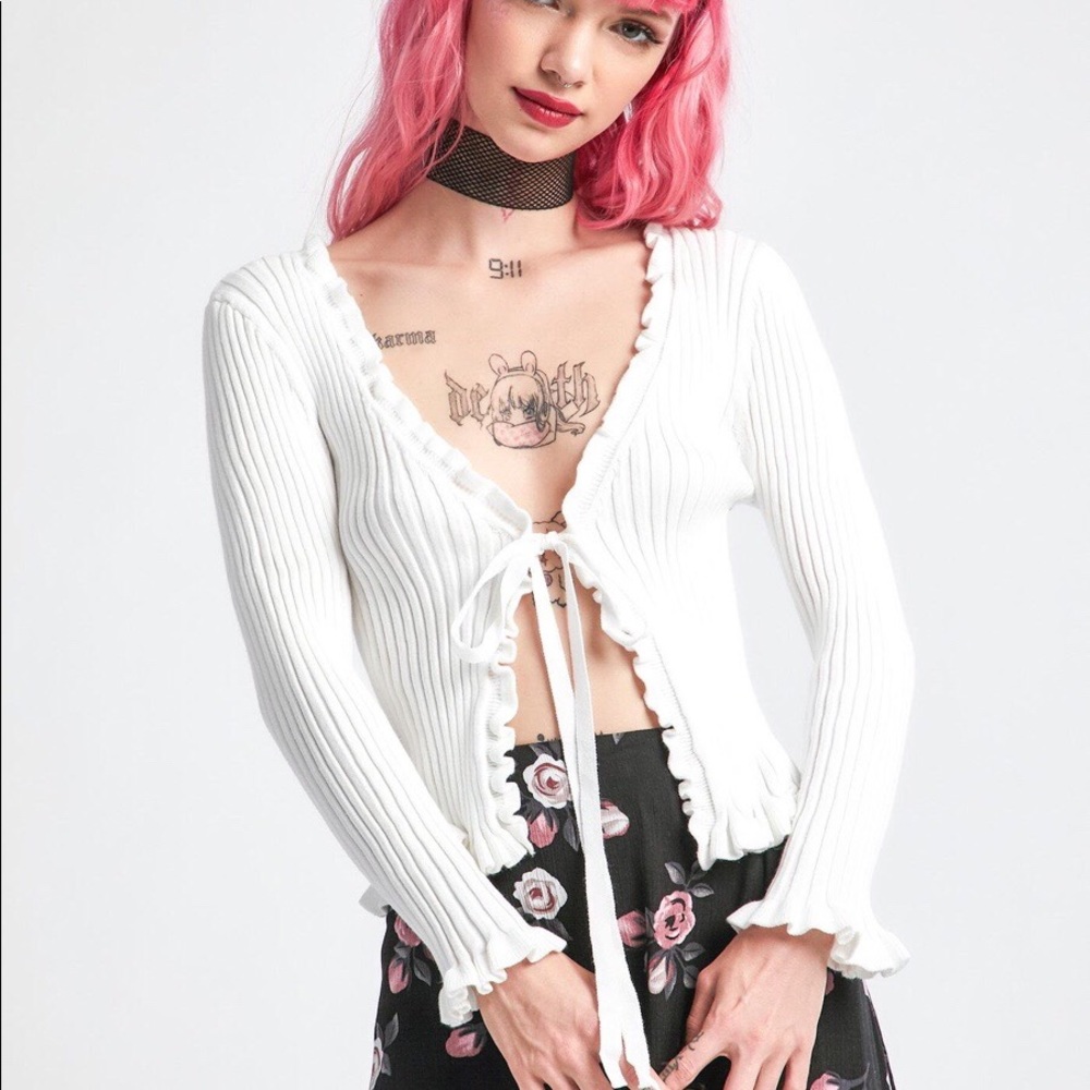 Dolls Kill tie front white ribbed cardigan